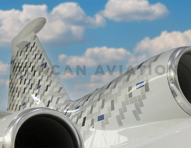 Exterior paint on Falcon 900 white with gray and blue accents