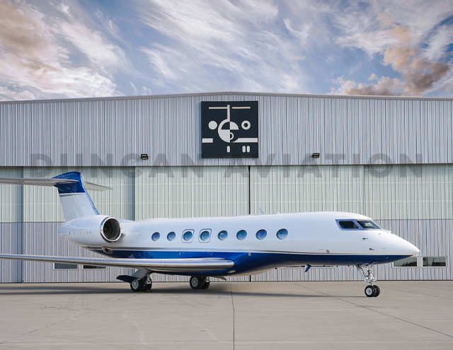 Exterior of newly painted Gulfstream 650 aircraft outside a Duncan Aviation hangar
