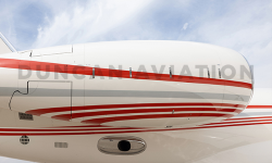 Close up of engine on newly painted Gulfstream 650 with red stripes by Duncan Aviation