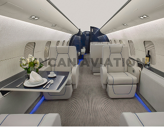 Light gray interior with bright blue accent in Global Express