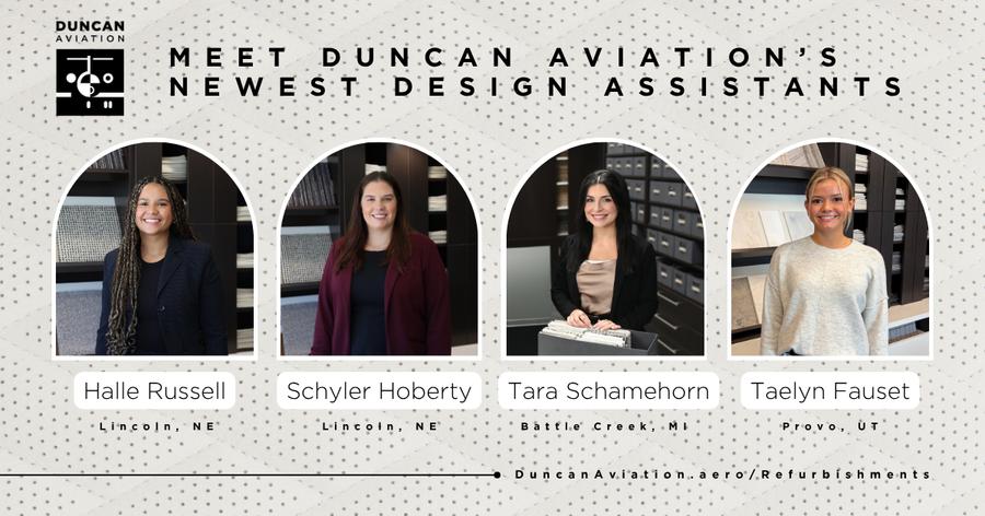 Photo of the four newest design assistants at Duncan Aviation, Halle Russell, Schyler Hoberty, Tara Schamerhorn, and Taelyn Fauset