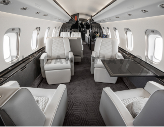 Dark gray and white interior of Global Express