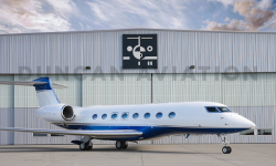 Exterior of newly painted Gulfstream 650 aircraft outside a Duncan Aviation hangar