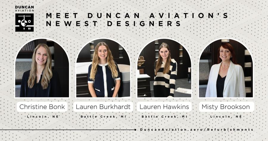 Photo of the four newest designers at Duncan Aviation, Christine Bonk, Lauren Burkhardt, Lauren Hawkins, and Misty Brookson