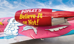 Engine and wing on a wing on the Ripley's Believe It or Not! Flying Pig Citation by Duncan Aviation