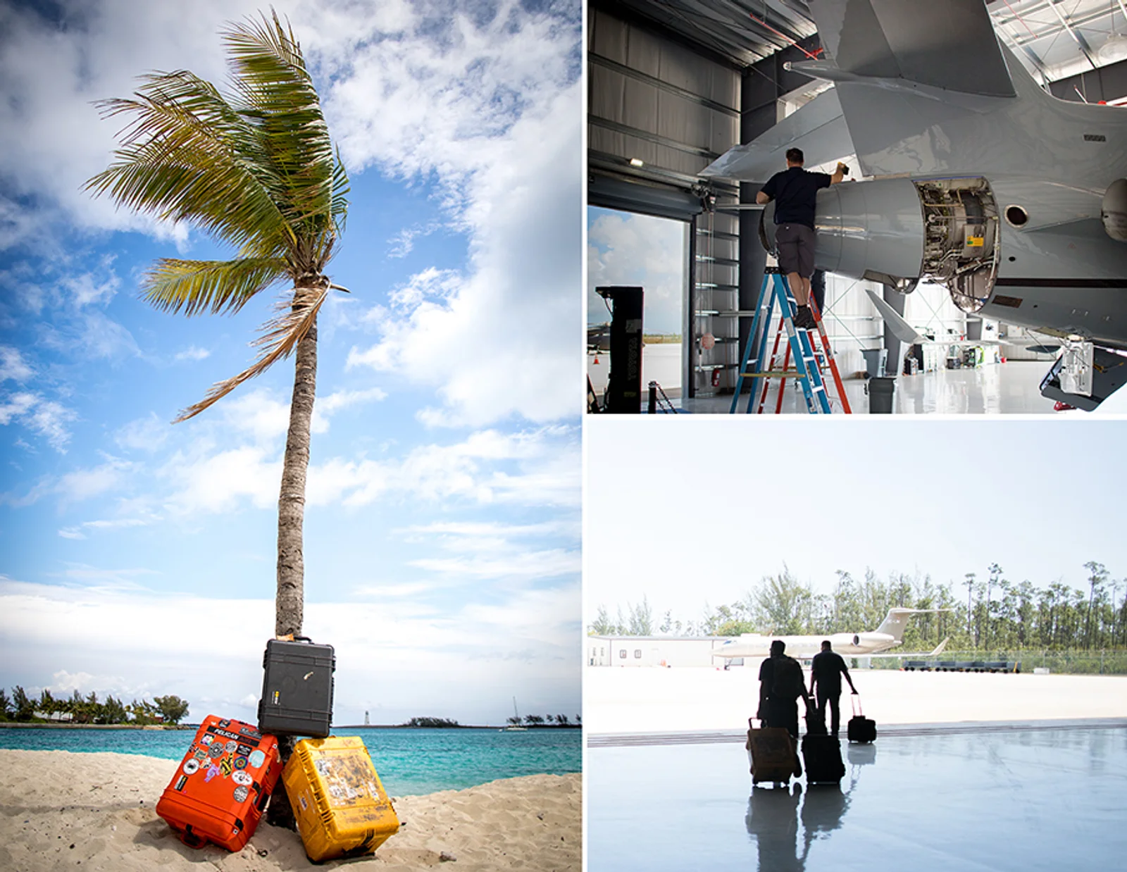 Rapid Response Master Technician Rustin McCullough and Engine Service Sales Rep Josh Bronson deployed to the Bahamas for a Falcon AOG in 2022, staging their cases of tooling in front of a palm tree.