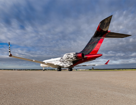 Tail view of newly painted Global with custom black and red scheme