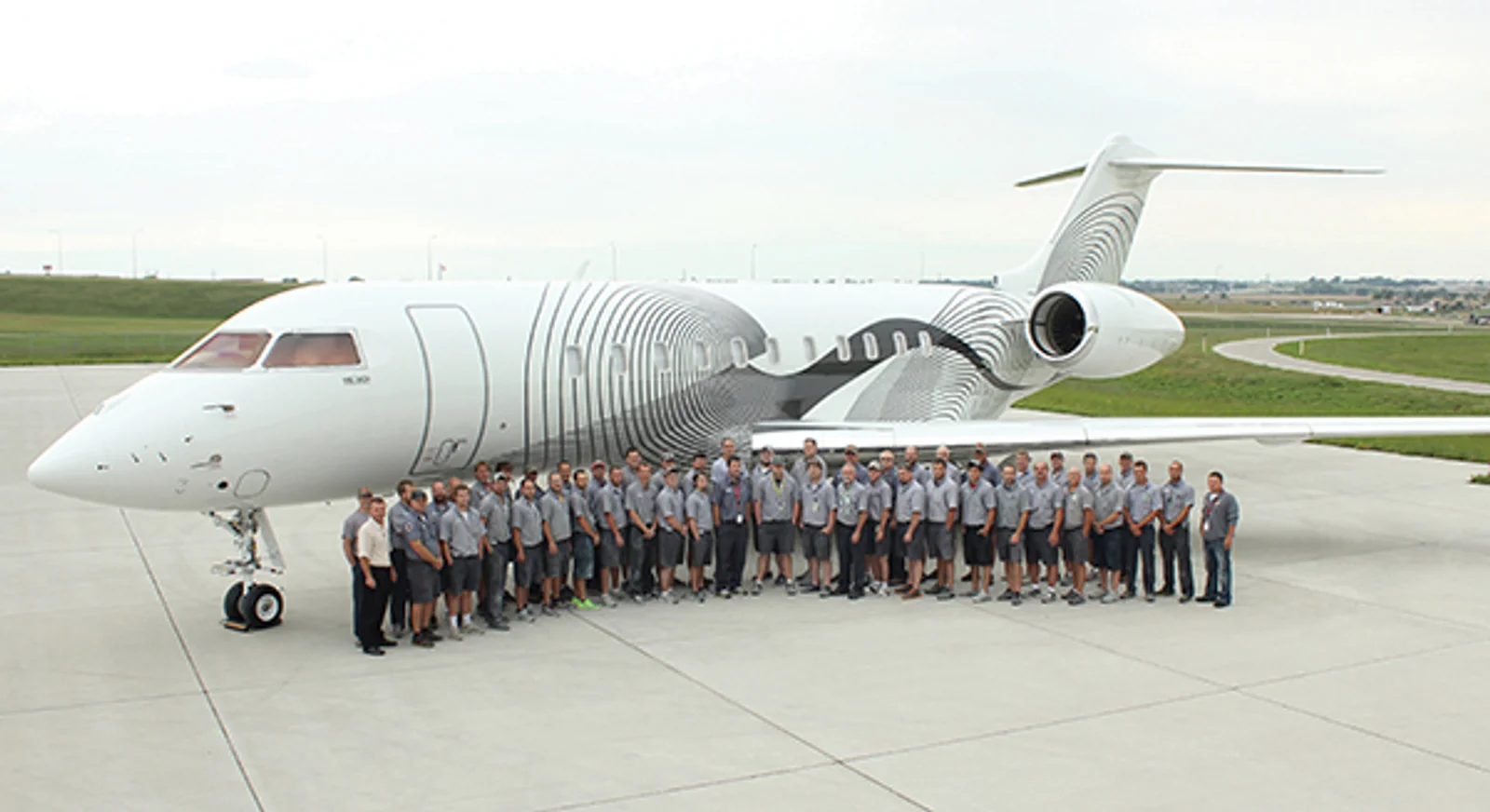 In late 2013, Duncan Aviation painted this psychedelic design. The paint team used 517 rolls of tape, 1,000 razor blades, 79 gallons of paint in four gray shades, and spent nearly 2,500 hours ensuring this creative and detailed paint scheme was applied perfectly. Watch a timelapse video of this aircraft being painted.